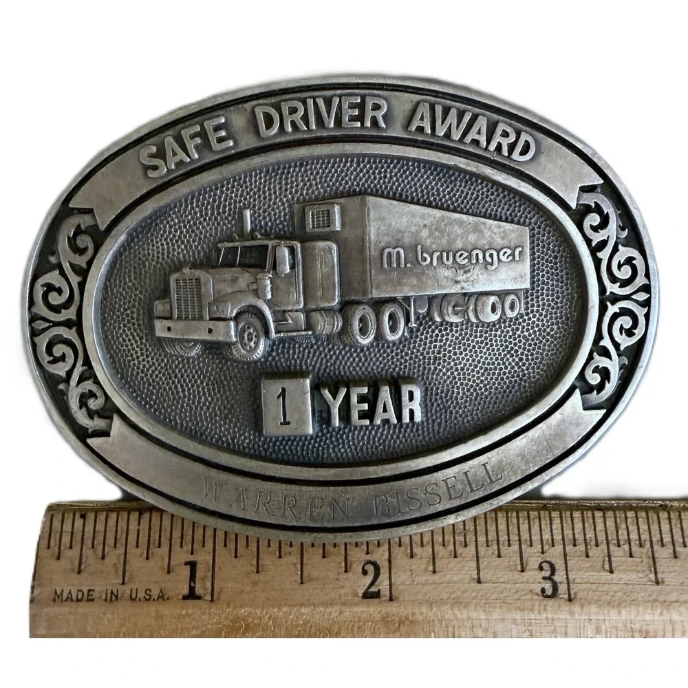M. Bruenger Trucking 1981 Safe Driver Award Belt Buckle Solid Brass Vintage